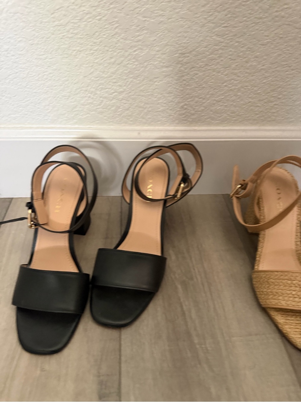 Coach Black Leather Ankle-Strap Block Heel Sandals